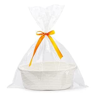 Pro Goleem Small Woven Basket with Gift Bags and Ribbons Durable Baskets for Valentine Gifts Empty Small Rope Basket for Storage 12"X 8" X 5" Baby Toy Basket with Handles, White