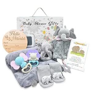 Baby Gift Set with Elephant Lovey Blanket & Essentials for Newborns | Baby Gifts for Boys & Girls-Newborn Gifts with Baby Blanket Rattle Decision Coin & Baby Socks, Hello World Newborn Sign