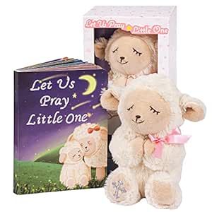 MyMateZoe Baptism Gifts for Girl, Great Christening, Dedication and Baptism Gift Set for Girl and Newborn Baby, Includes 7" Praying Lamb Plush Toy and Let Us Pray Baby Book in Keepsake Gift Box