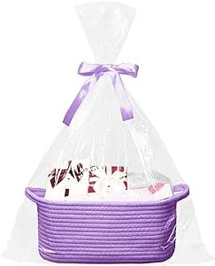 Poschnor Gift Basket with Gift Bags and Ribbons, Valentine Gift Basket, 12"X 8" X 5" Small Woven Rope Basket, Toy Basket for Baby and Pet, Purple