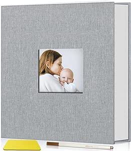 Popotop Photo Album Self Adhesive with Picture Display Window,40 Pages DIY Baby Memory Book for 4x6 8x10 Picture,Linen Cover Scrapbook for Wedding,with Scraper and Metallic Pen