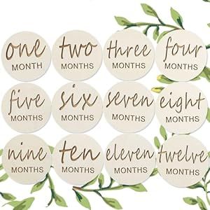 12 Packs Wooden Baby Monthly Milestone Cards, Baby Monthly Milestones for Newborn Baby Gifts,1-12 Months Wooden Discs with Baby Announcement Sign, Pregnancy Baby Shower Gifts for Christmas New Year